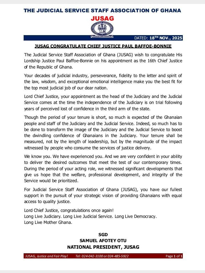 JUSAG congratulates newly appointed Chief Justice Paul Baffoe-Bonnie JUSAG congratulates newly appointed Chief Justice Paul Baffoe-Bonnie