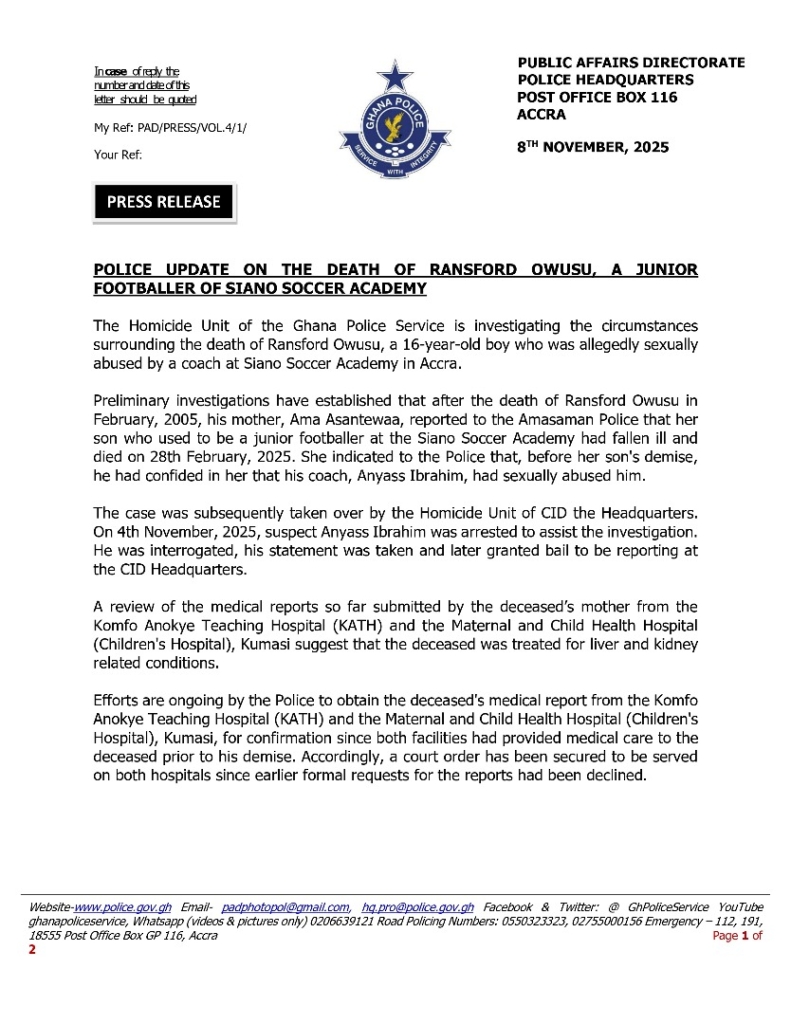 Sexual Abuse: Police arrest coach over death of 16-year-old Siano Soccer Academy player