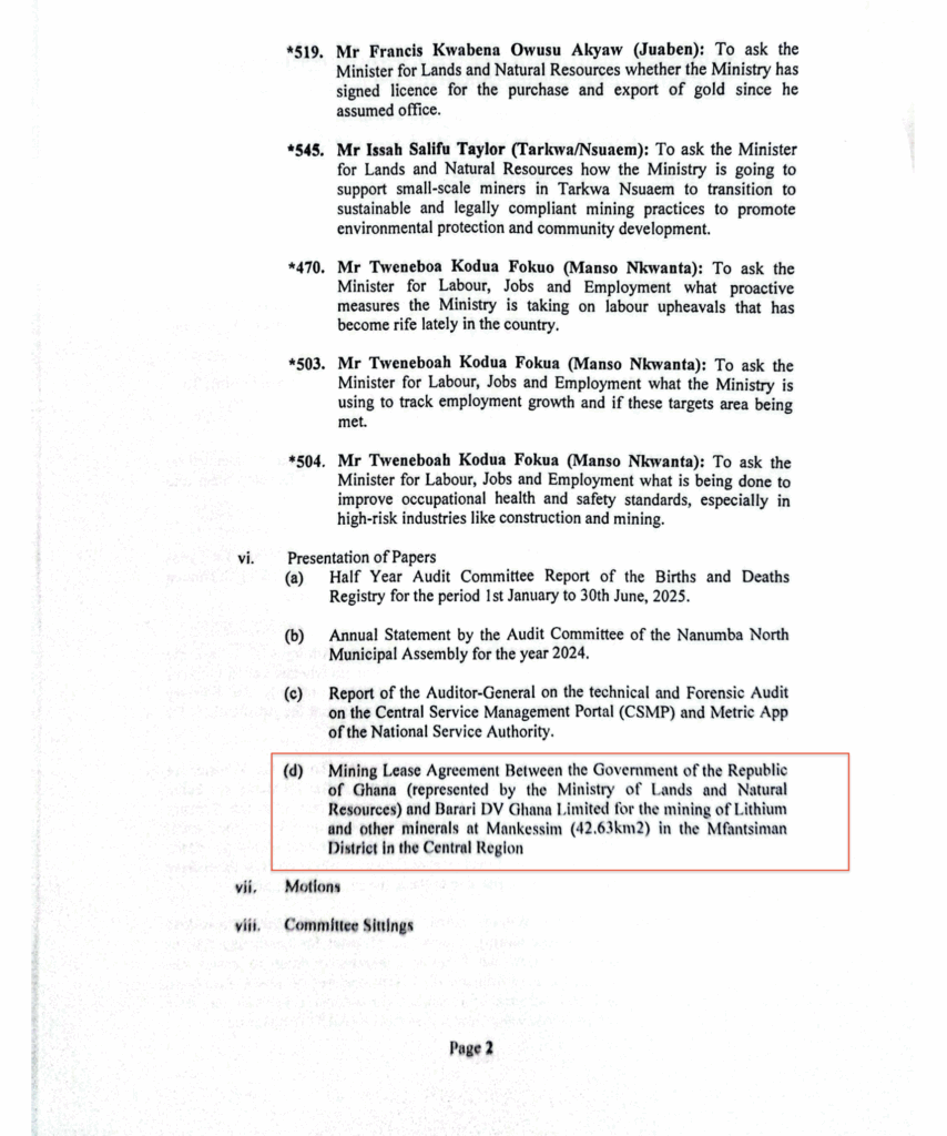 Ghana’s renegotiated lithium mining lease scheduled for parliamentary presentation today