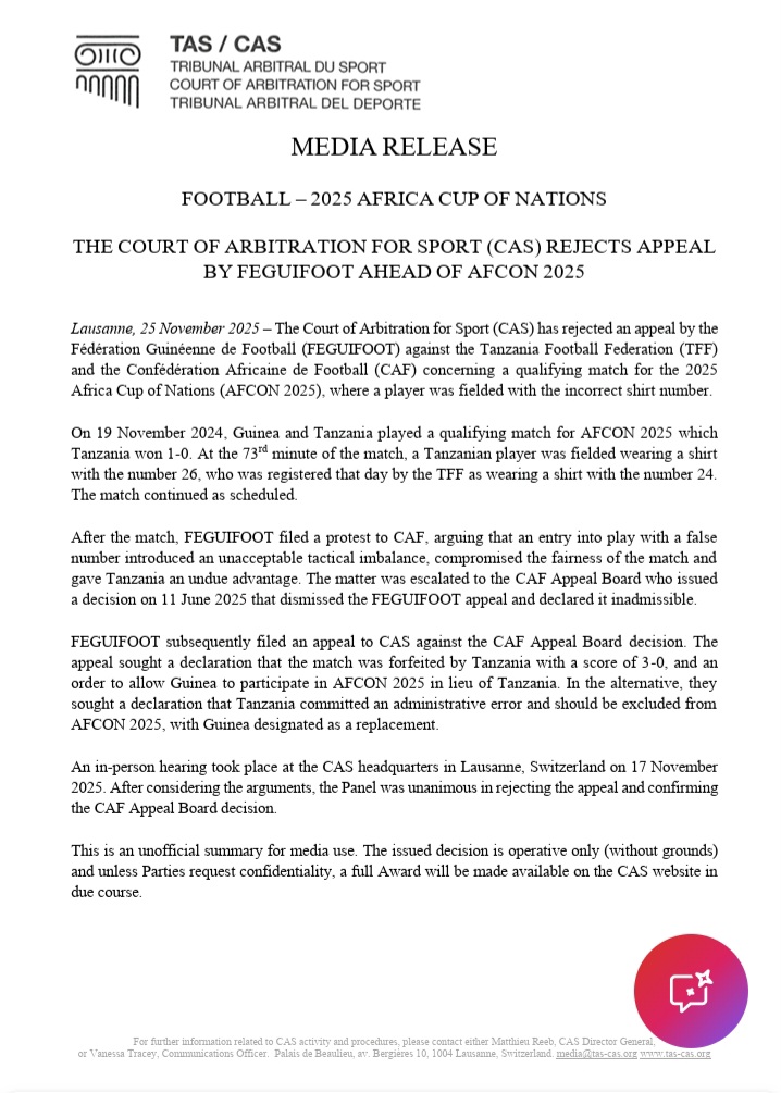 CAS rejects Guinea’s tactical-imbalance claim against Tanzania over jersey-number error in AFCON qualifier