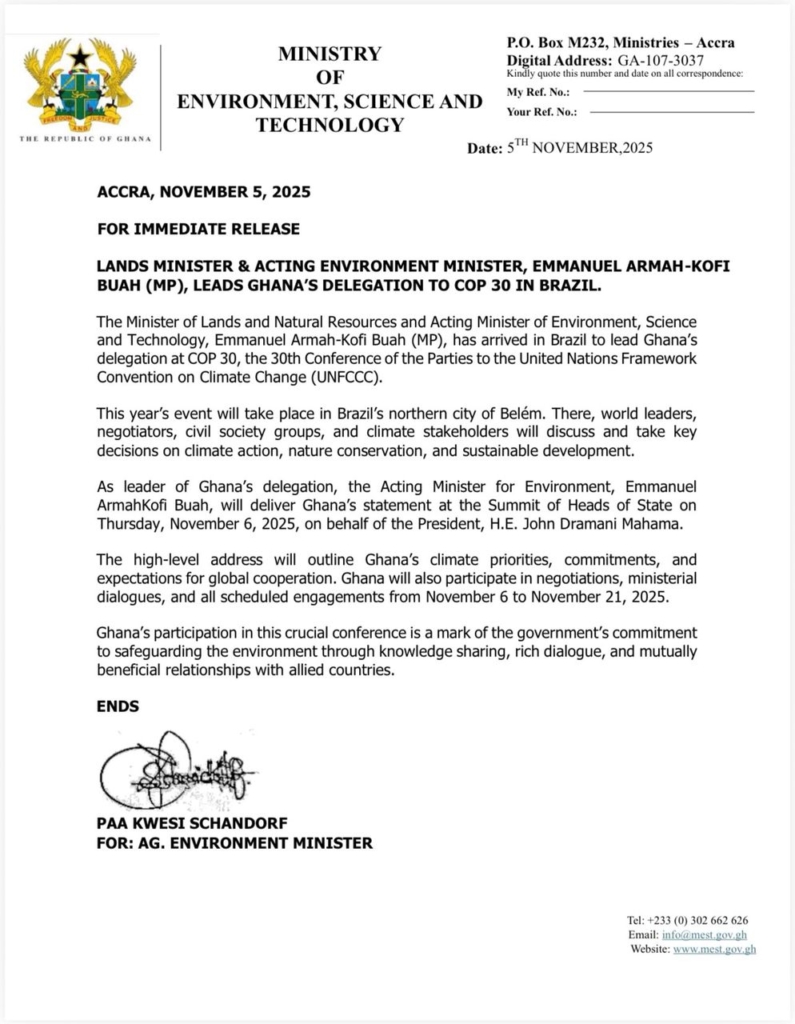Lands Minister Armah-Kofi Buah to lead Ghana's delegation at COP 30 in Brazil