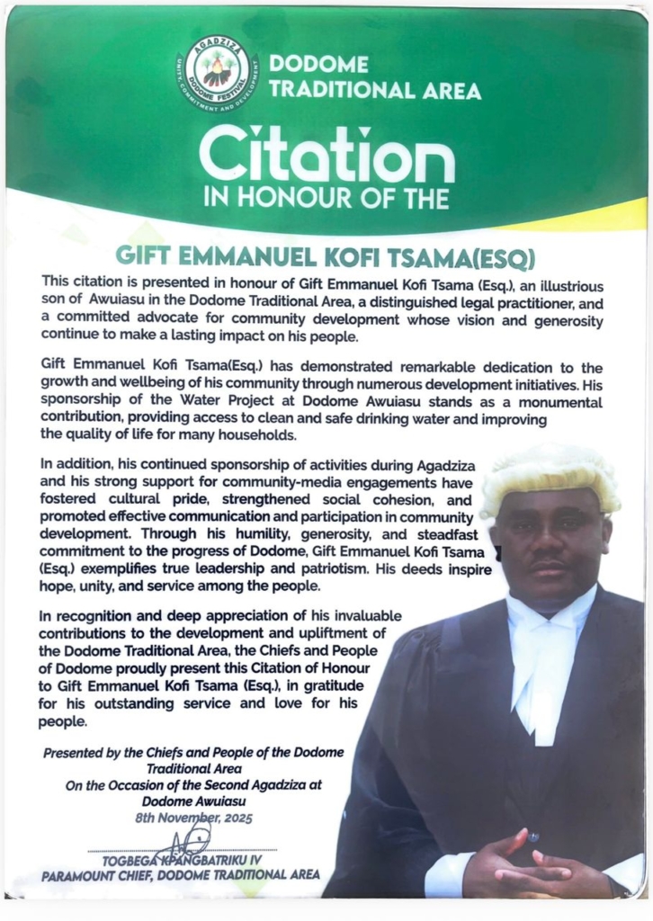 Gift Kofi Tsama, Esq., honoured for exceptional community service
