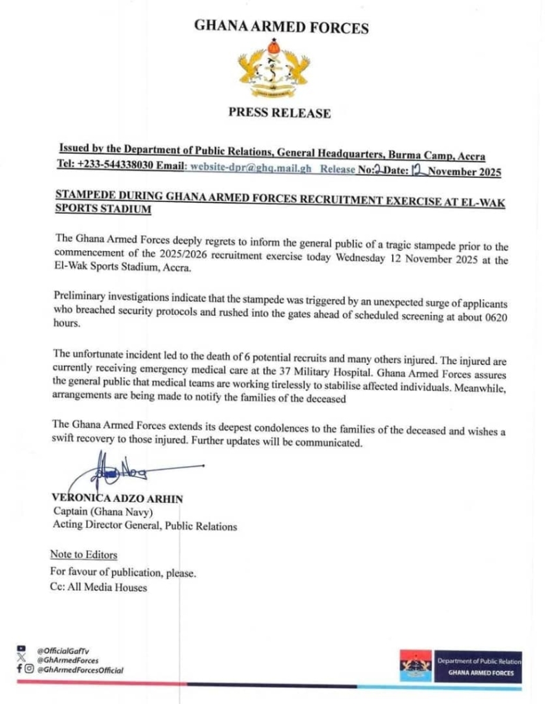 Six dead, several injured in stampede at Ghana Armed Forces recruitment exercise