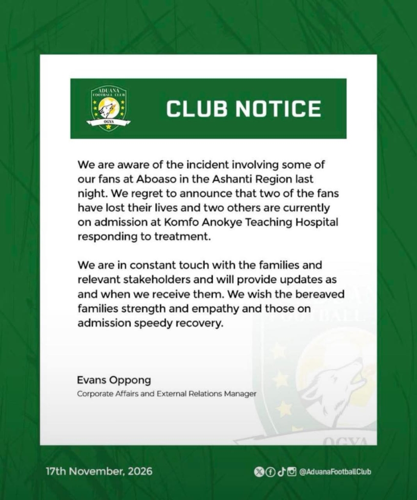 Two Aduana fans dead, three in critical condition after 'Pragya' accident in Aboabo