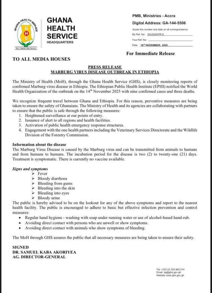GHS issues alert as Marburg virus outbreak is confirmed in Ethiopia