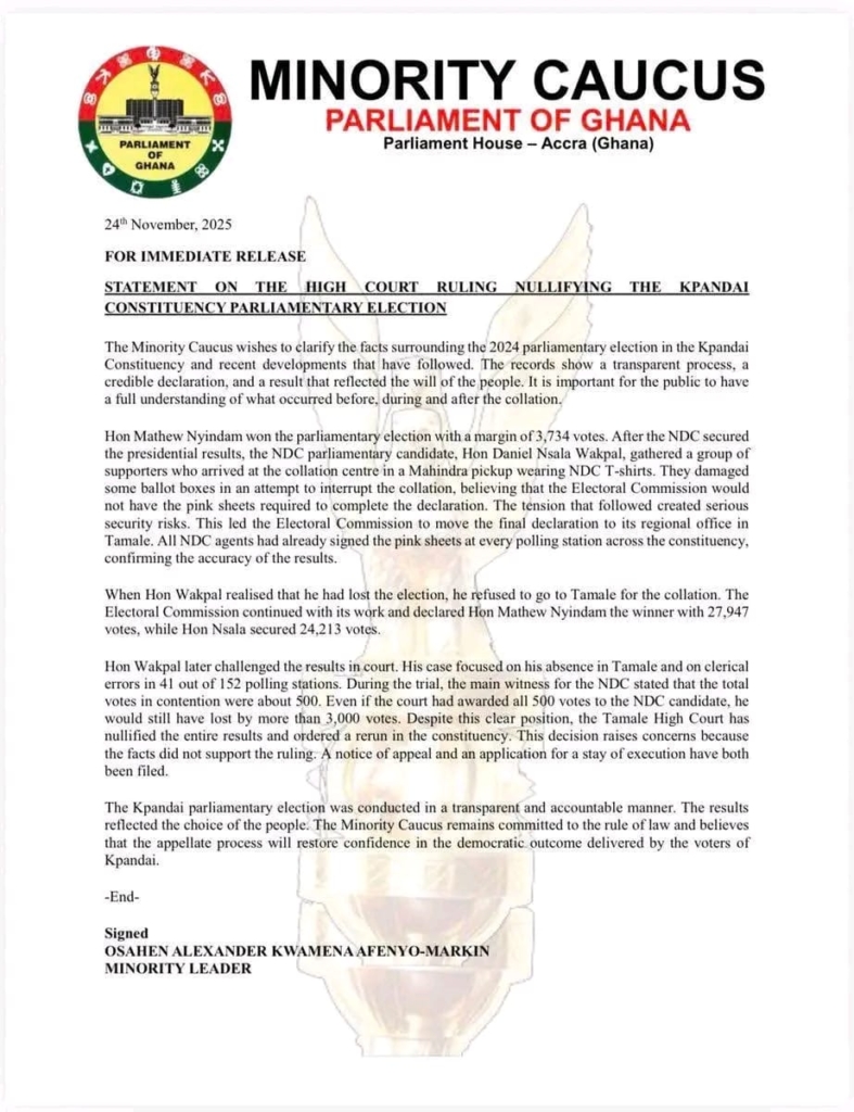 Minority caucus condemns nullification of Kpandai parliamentary election