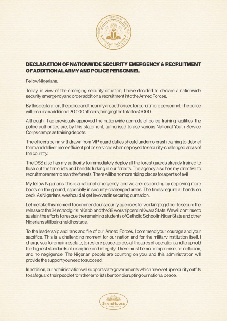Nigeria declares nationwide security emergency, orders recruitment of additional army and police personnel Nigeria declares nationwide security emergency, orders recruitment of additional army and police personnel