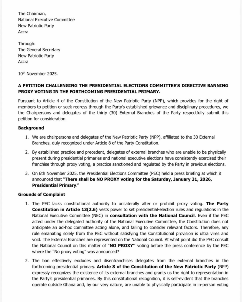 NPP external branch delegates petition party over ban on proxy voting NPP external branch delegates petition party over ban on proxy voting