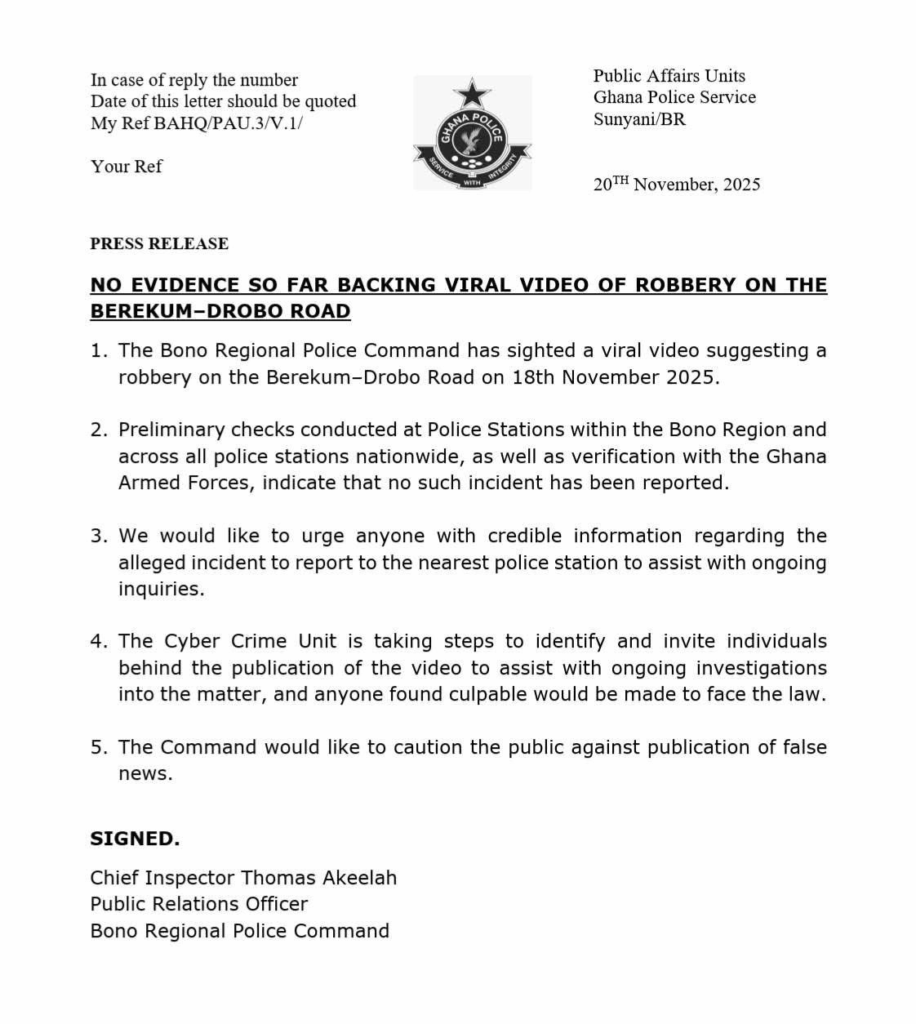 Bono Police refute viral video allegeing robbery on Berekum–Drobo road