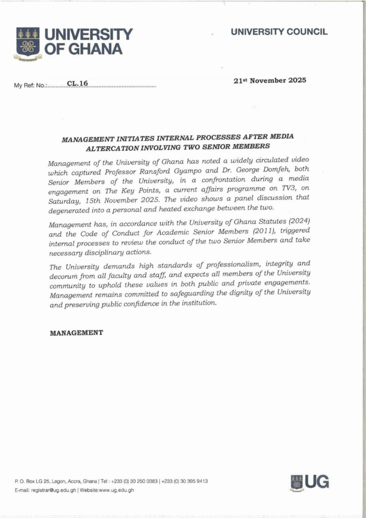 UG begins internal review after heated on-air clash between Prof Gyampo and Dr Domfeh