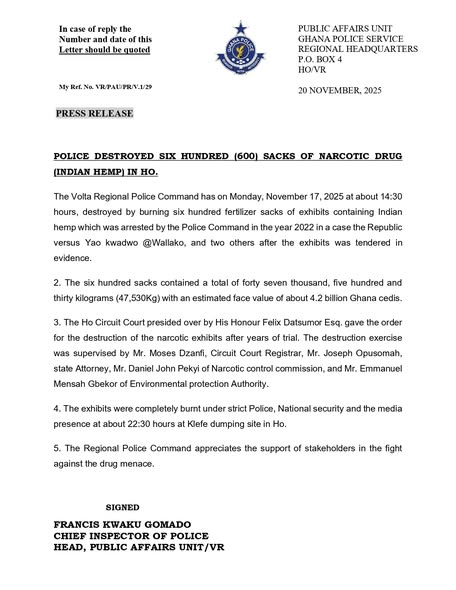 Police destroy 600 sacks of Indian hemp in Ho Police destroy 600 sacks of Indian hemp in Ho