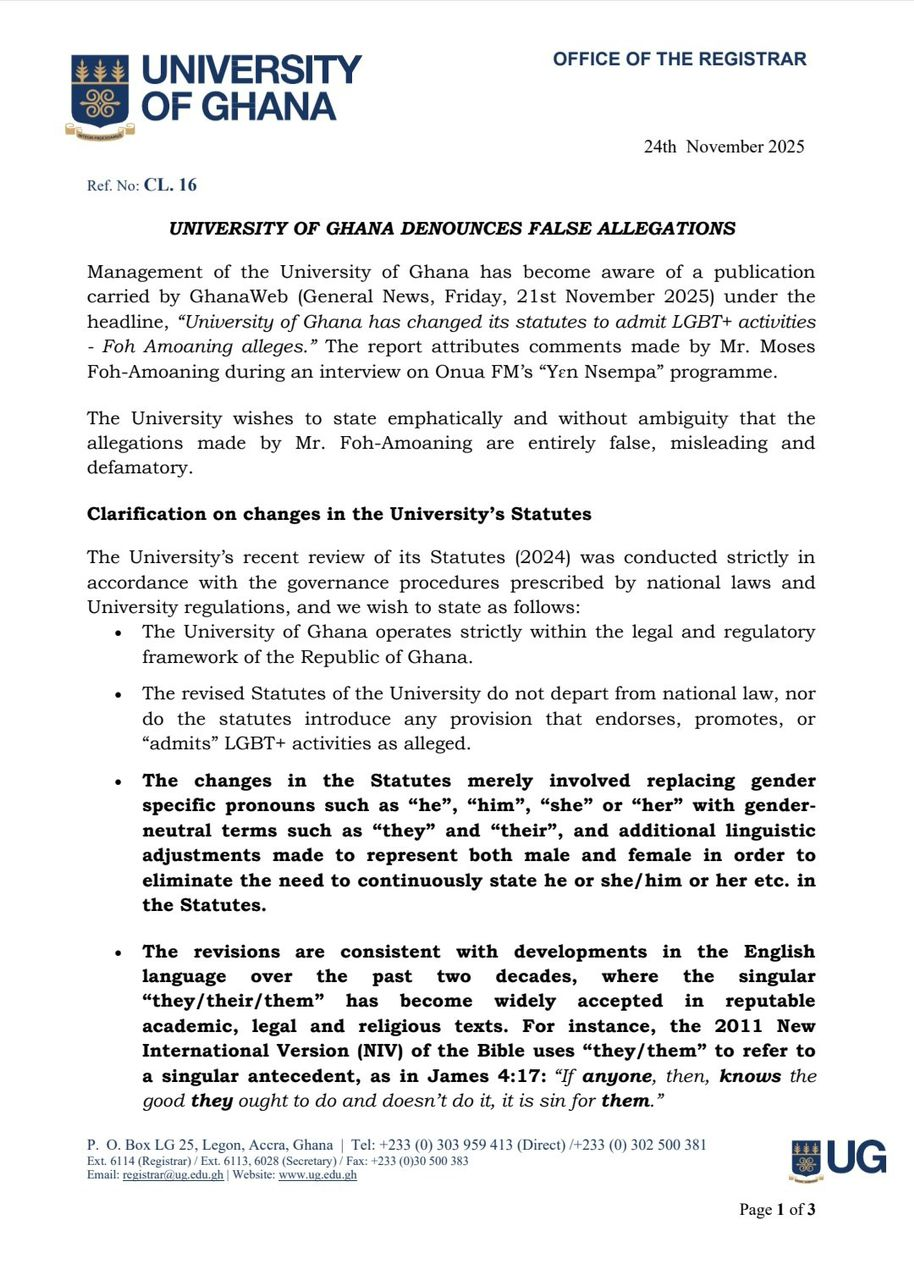 University of Ghana dismisses claims of changing its statutes to promote LGBTQ+ activities