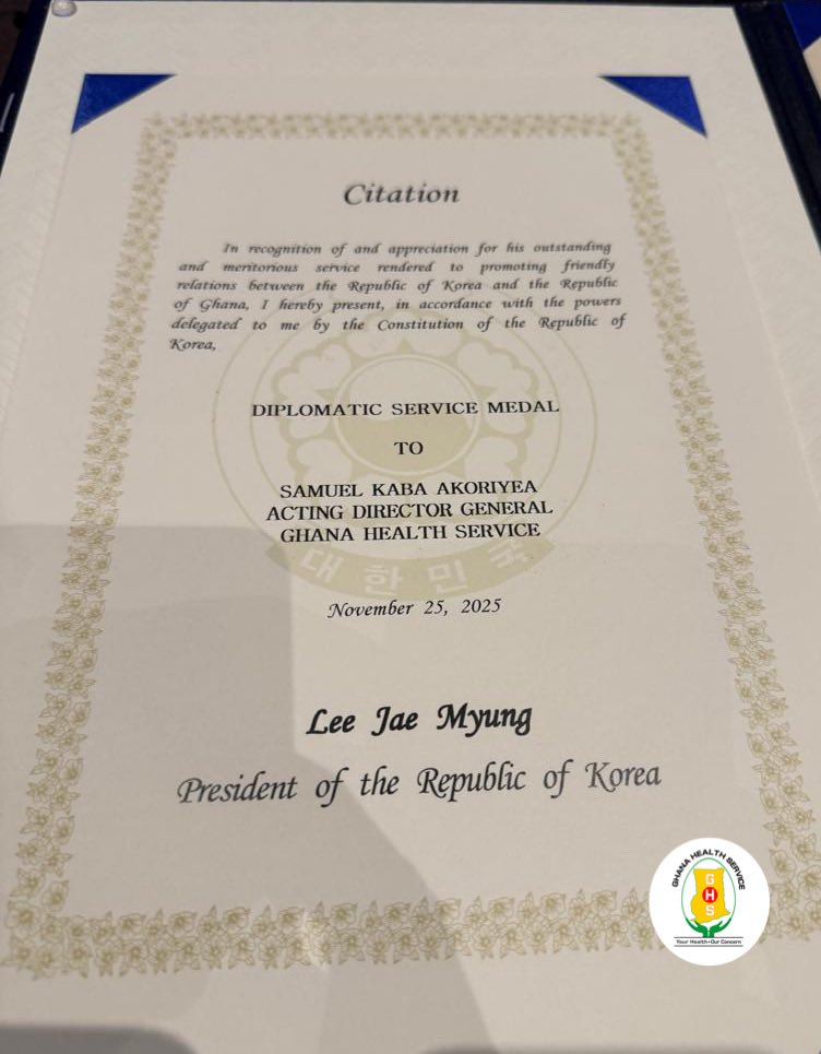 Ghana–Korea health collaboration deepens as Ag. DG of GHS receives Korea’s Diplomatic Service Medal