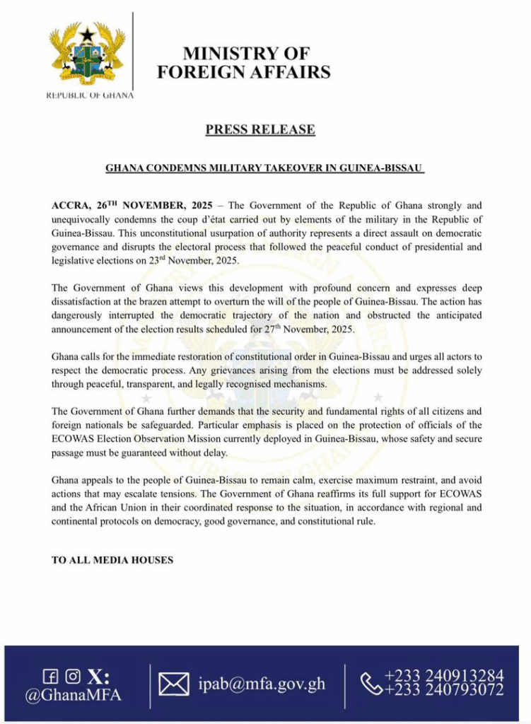Ghana blasts Guinea-Bissau coup, demands immediate return to constitutional rule