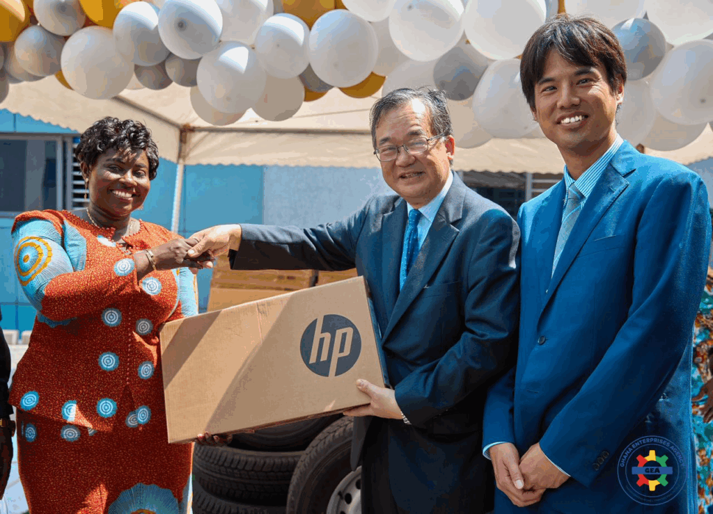GEA CEO Margaret Ansei receives laptops and tyres from UNIDO to support the Agency’s activities