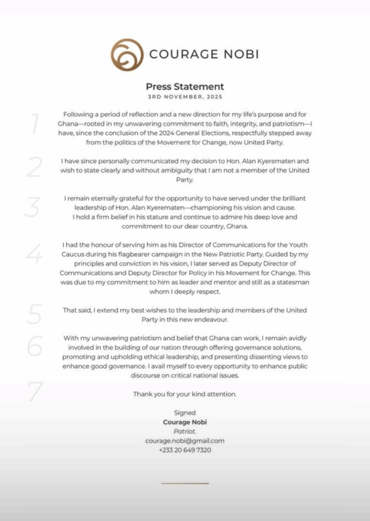 Courage Nobi announces exit from Alan Kyerematen’s United Party