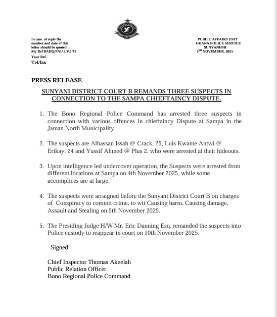 Three remanded over Sampa chieftaincy dispute Three remanded over Sampa chieftaincy dispute