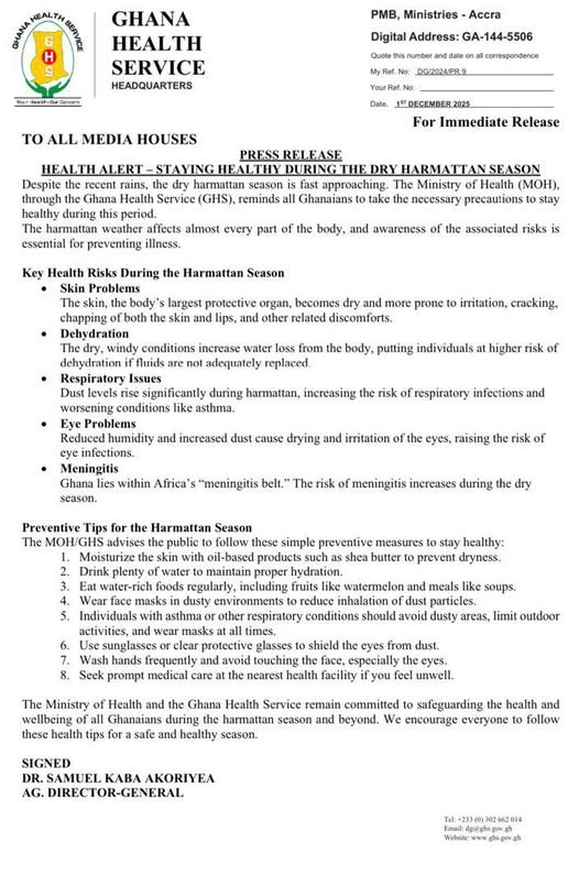Harmattan alert: GHS cautions citizens to take preventive health measures Harmattan alert: GHS cautions citizens to take preventive health measures