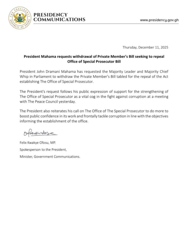 President Mahama requests Majority leadership to halt private members’ bill seeking to abolish OSP President Mahama requests Majority leadership to halt private members’ bill seeking to abolish OSP