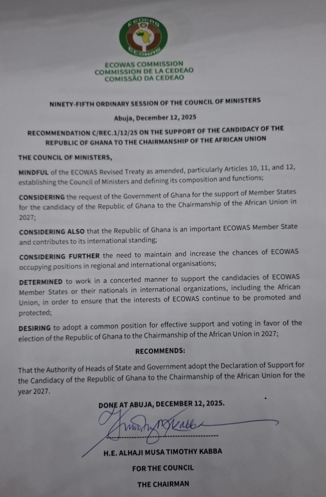 ECOWAS Council of Ministers endorse President Mahama's candidacy for 2027 AU Chair role