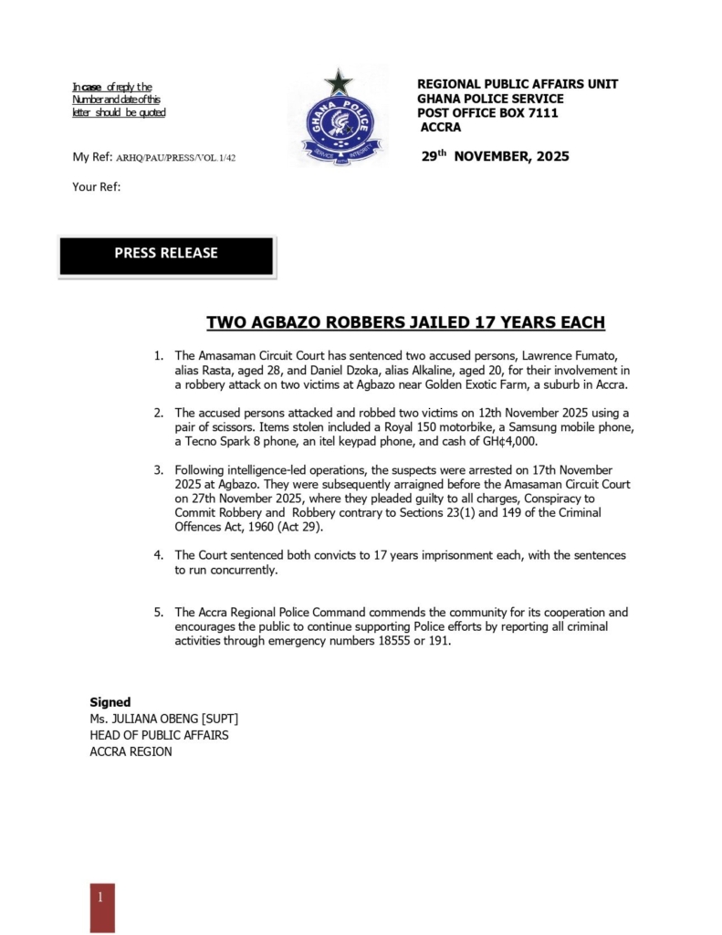 Amasaman Circuit Court hands 17-year sentences to two robbers