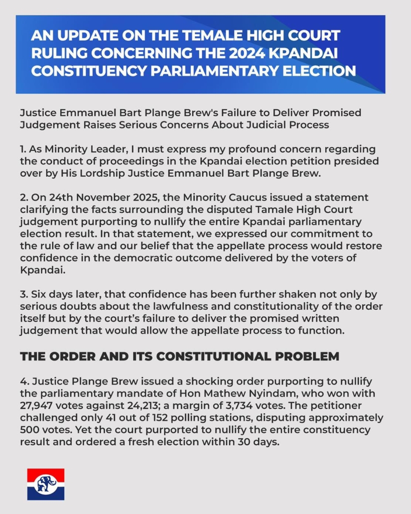 Minority accuses Tamale High Court Judge of stalling appeal in Kpandai election rerun case