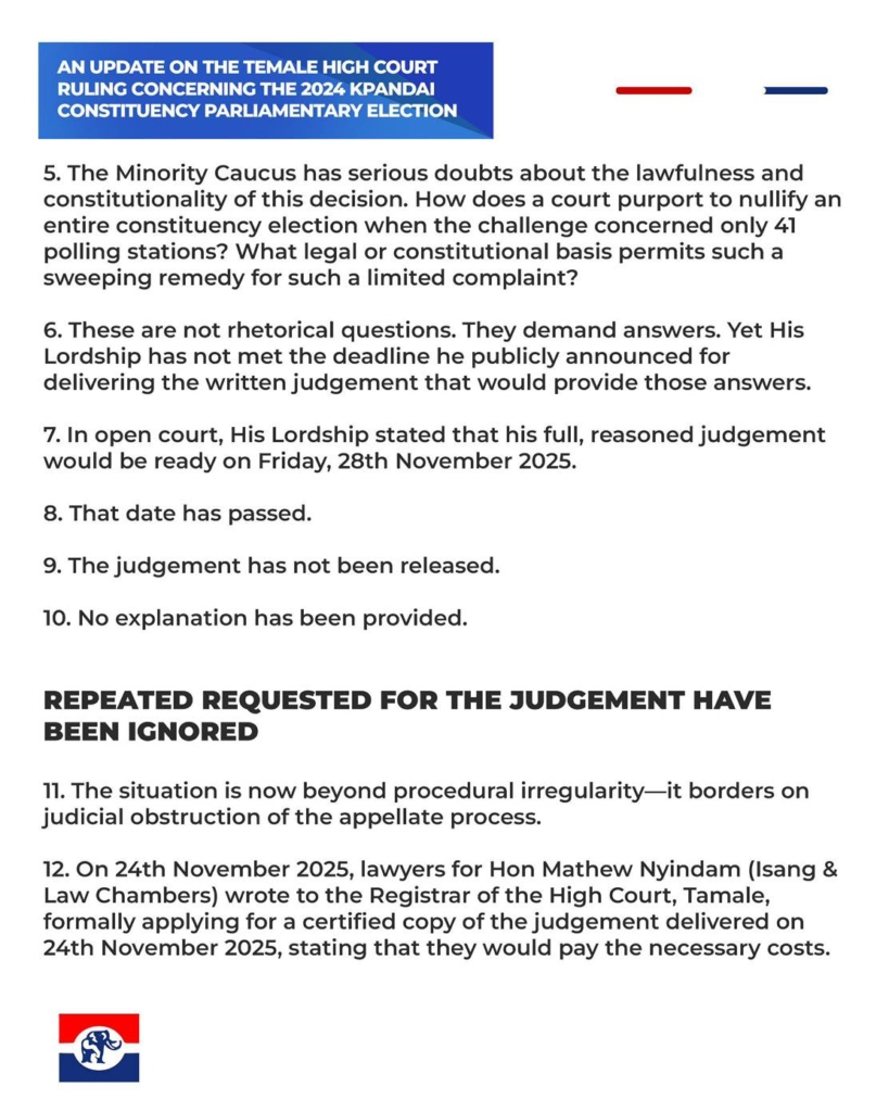 Minority accuses Tamale High Court Judge of stalling appeal in Kpandai election rerun case