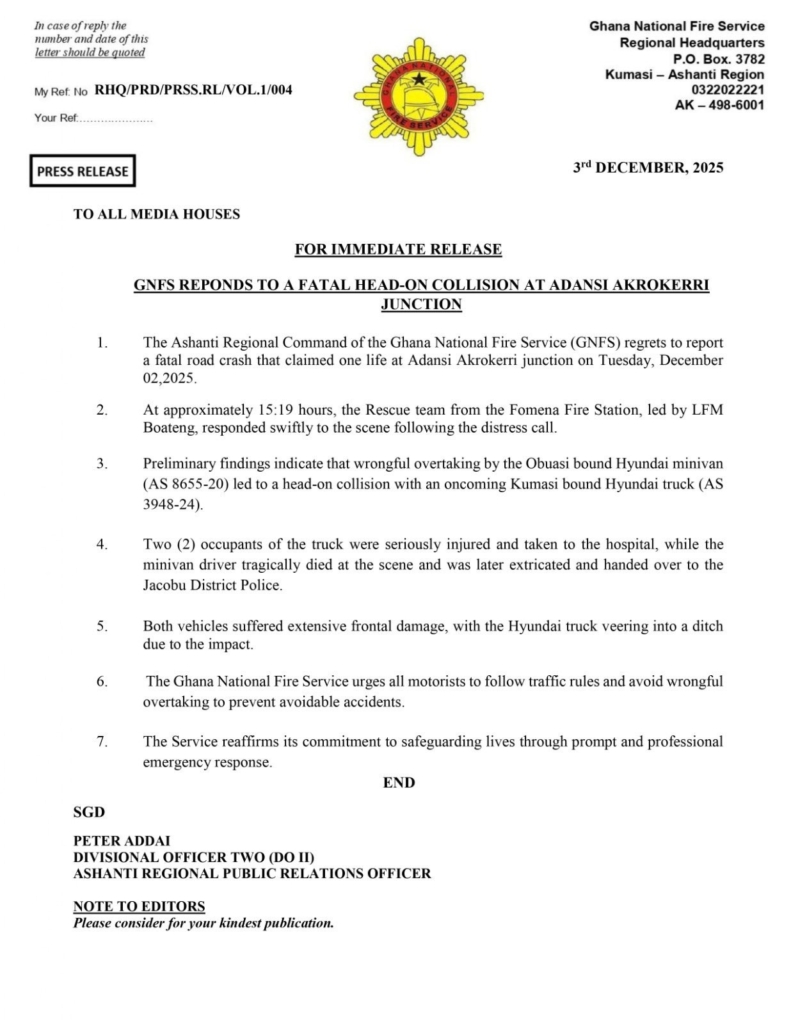 Fatal head-on collision at Adansi Akrokerri junction claims one life