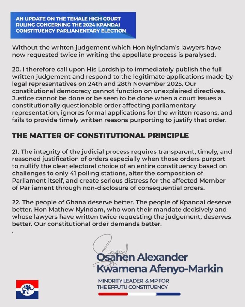 Minority accuses Tamale High Court Judge of stalling appeal in Kpandai election rerun case