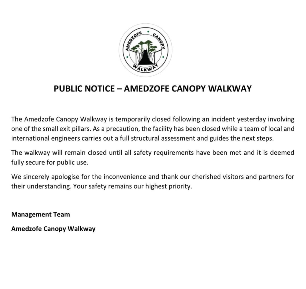 Amedzofe Canopy Walkway temporarily closed after structural incident Amedzofe Canopy Walkway temporarily closed after structural incident