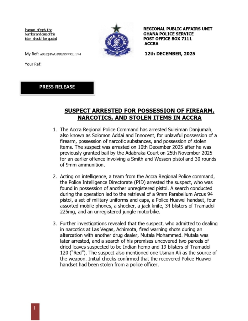 Accra Police arrest suspect with firearm, narcotics and stolen police items Accra Police arrest suspect with firearm, narcotics and stolen police items