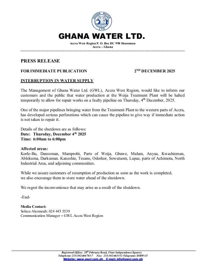 Weija treatment plant to temporarily shut down on Dec. 4 for repair works