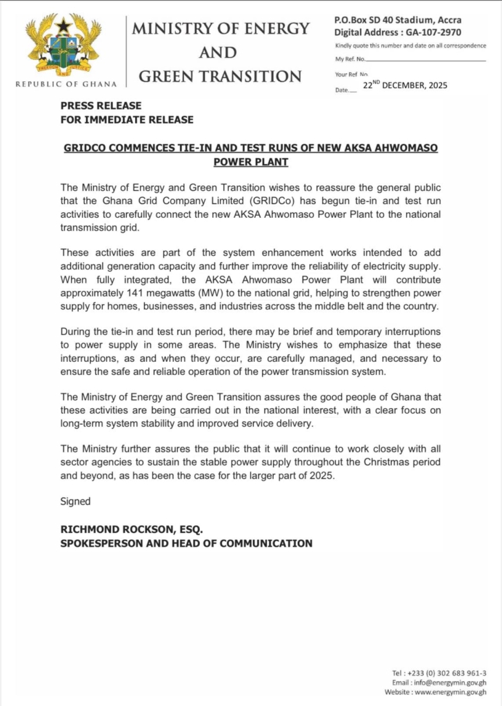 GRIDCo begins tie-in and test runs of new AKSA Ahwomaso Power Plant