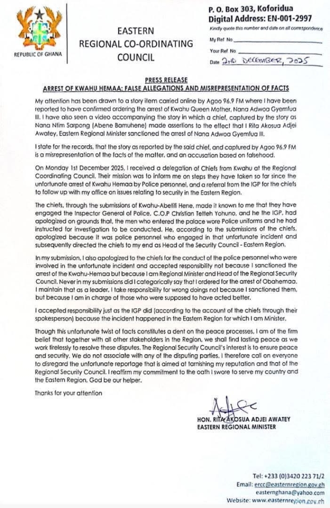 Eastern Regional Minister denies ordering arrest of Kwahu Queen Mother