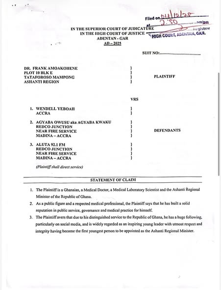 Ashanti regional minister drags Democracy Hub member to court over alleged galamsey remarks