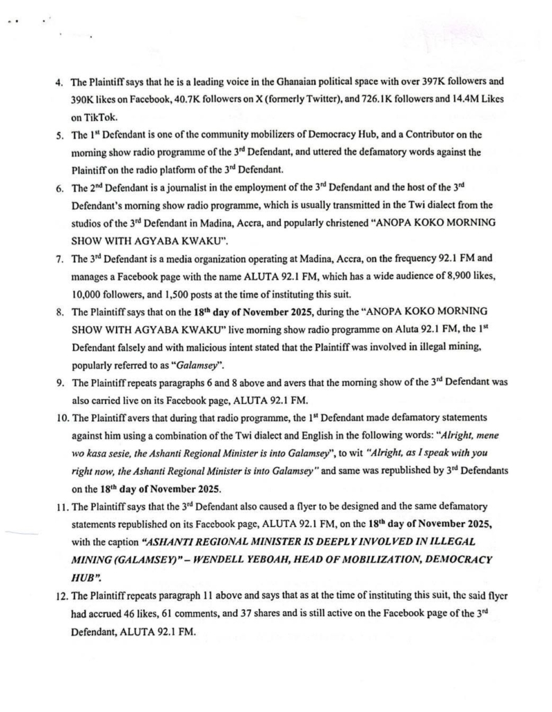 Ashanti regional minister drags Democracy Hub member to court over alleged galamsey remarks