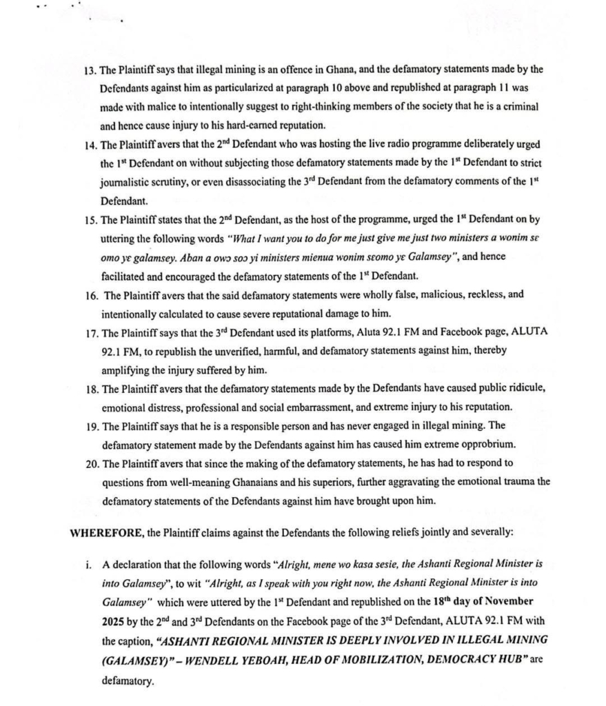 Ashanti regional minister drags Democracy Hub member to court over alleged galamsey remarks