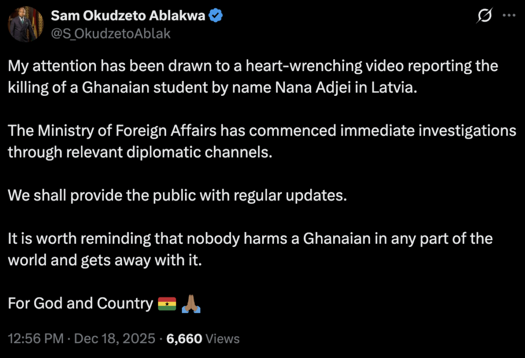Foreign Affairs Ministry probes death of Ghanaian student in Latvia after family alleges foul play Foreign Affairs Ministry probes death of Ghanaian student in Latvia after family alleges foul play