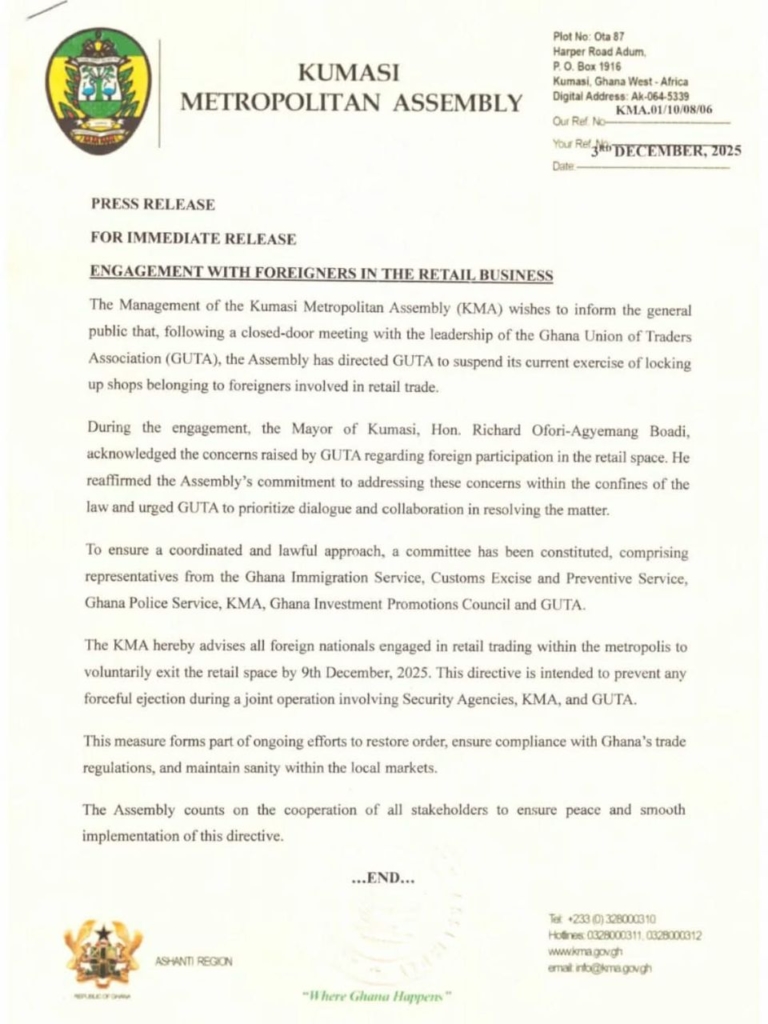 KMA orders all foreign retail traders to exit Kumasi markets by December 9