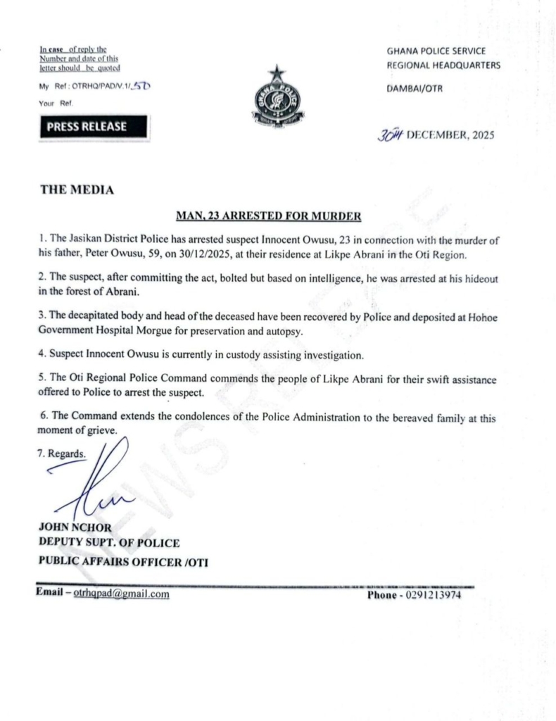 Police arrest 23-year-old man for allegedly murdering father in Oti Region