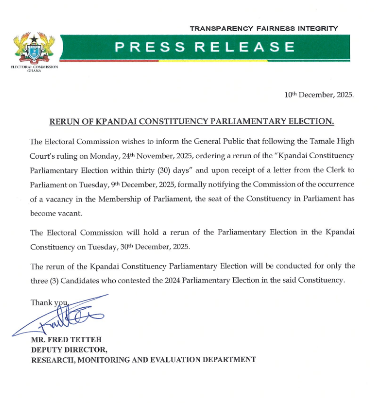 EC sets December 30 for Kpandai election re-run EC sets December 30 for Kpandai election re-run