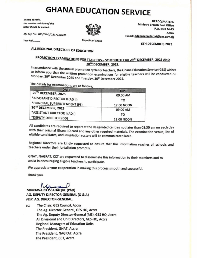 GES announces dates for 2025 teachers’ promotion examinations GES announces dates for 2025 teachers’ promotion examinations