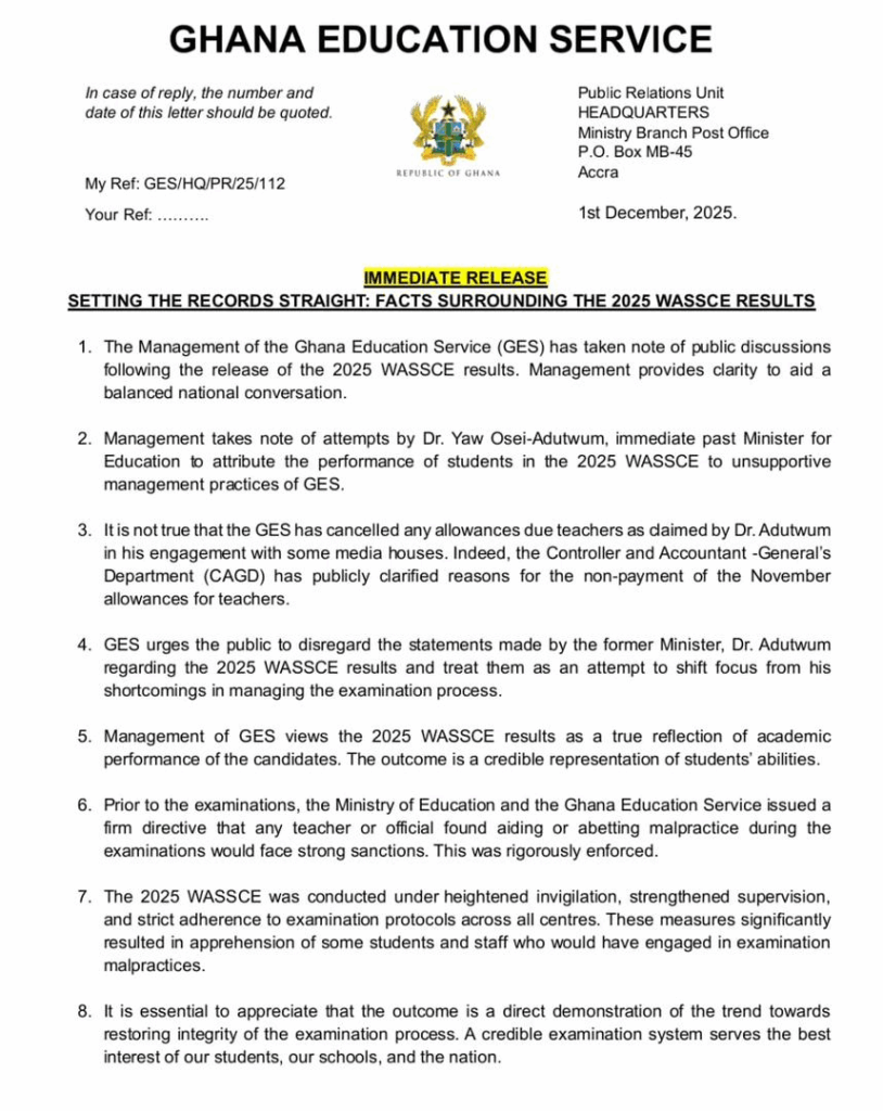 2025 WASSCE results credited to stronger supervision, strict examination protocols — GES