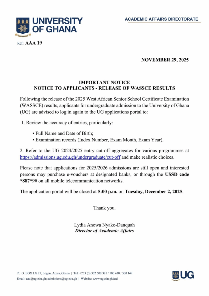 UG alerts prospective students to revisit application portal after 2025 WASSCE release