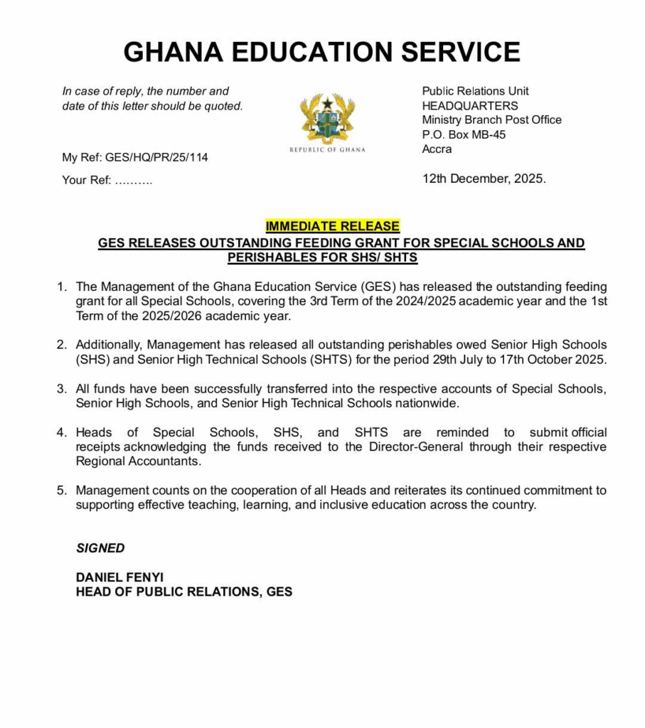 GES releases outstanding feeding grants for special schools and SHSs nationwide