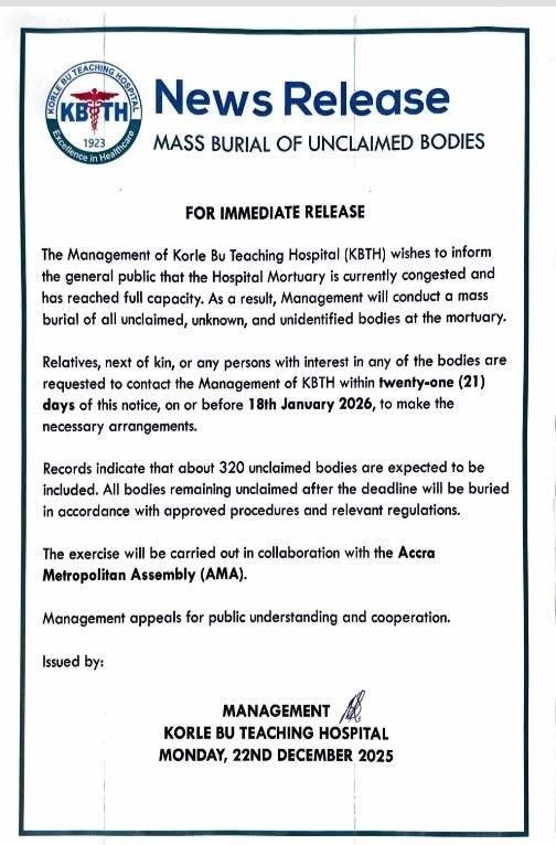 KBTH to hold mass burial for unclaimed and unidentified bodies