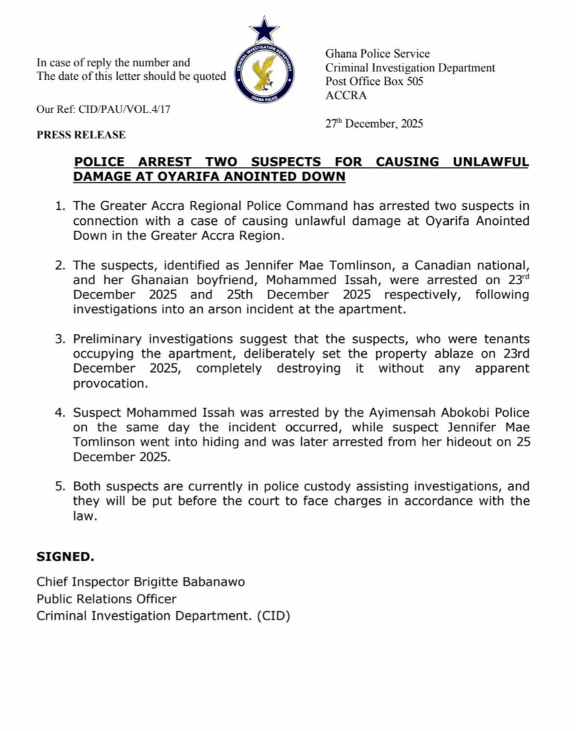 Canadian national and Ghanaian boyfriend arrested for alleged arson at Oyarifa