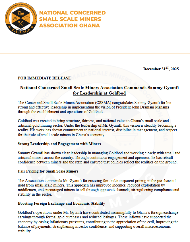 Concerned Small Scale Miners commend GoldBod's efforts in addressing gold smuggling Concerned Small Scale Miners commend GoldBod's efforts in addressing gold smuggling