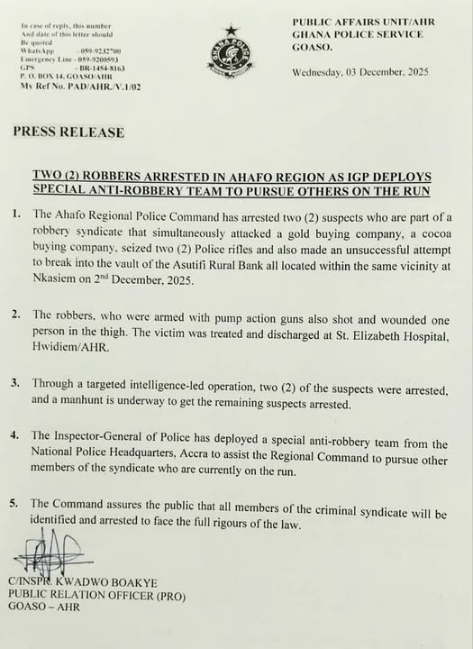 Two suspects arrested in coordinated robbery attacks at Nkasiem Two suspects arrested in coordinated robbery attacks at Nkasiem