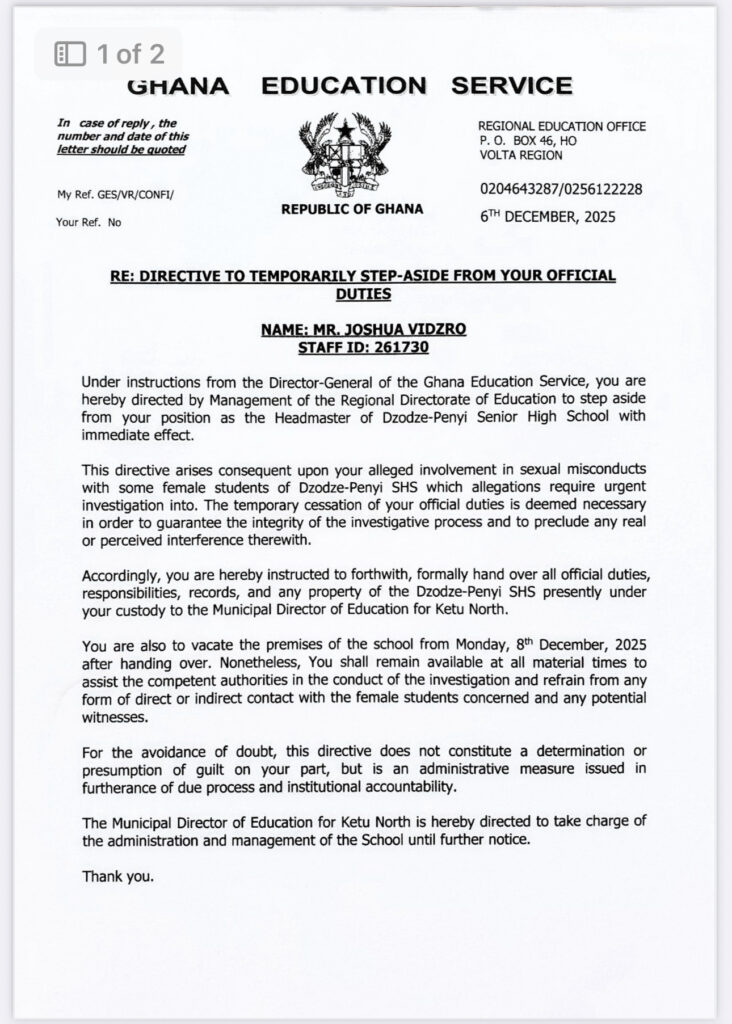GES directs Dzodze-Penyi SHS Headmaster to step aside over alleged sexual misconduct GES directs Dzodze-Penyi SHS Headmaster to step aside over alleged sexual misconduct